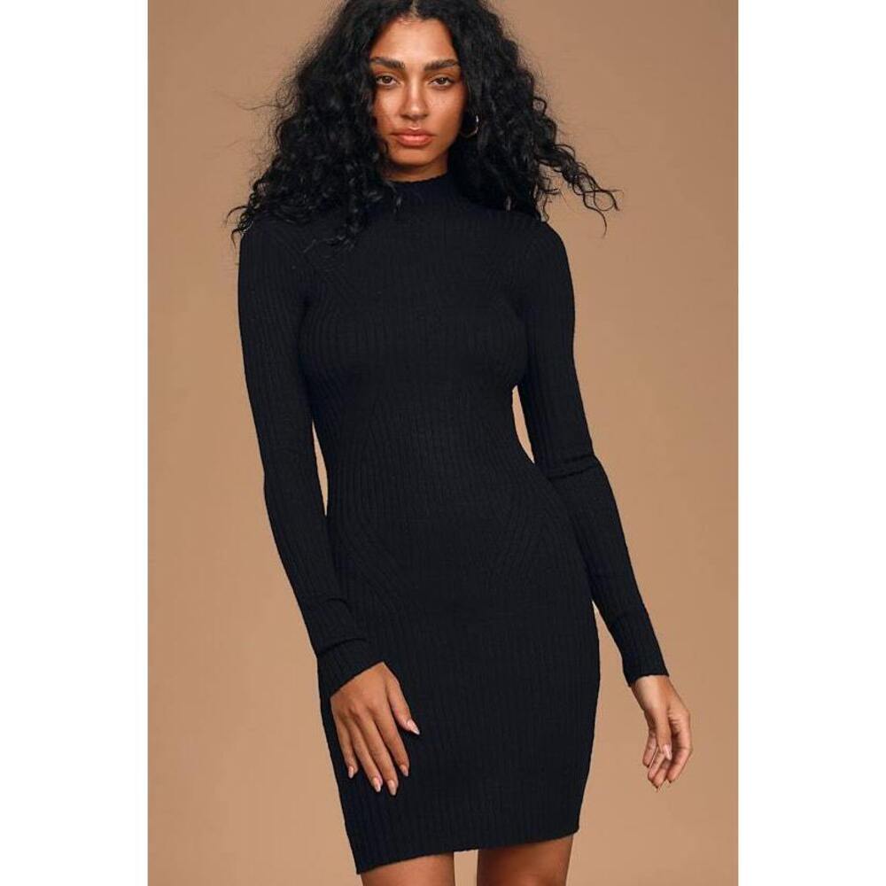Lulus Black Ribbed Mock Neck Sweater Dress